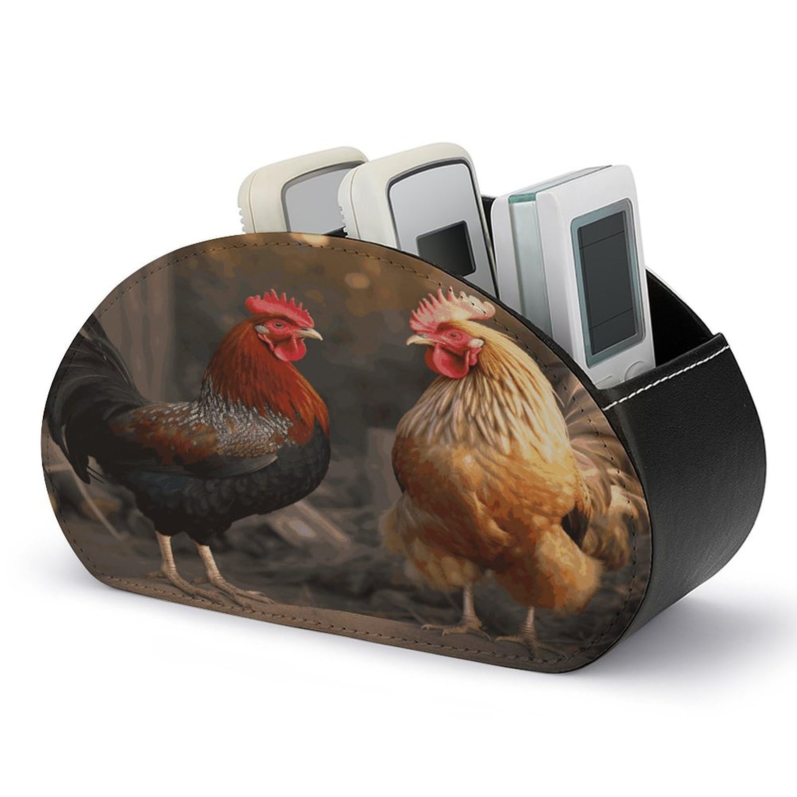 LDGSUPH Rooster And Chicken Remote Control Holder with 5 Compartments PU Leather TV Remote Caddy Storage Box Multi-functional Desk Storage Organizer Box Anti-slip Desktop Caddy
