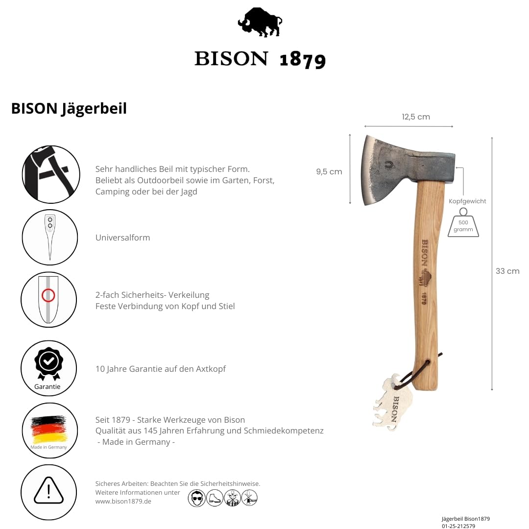Bison Jägerbeil 1879 500g I Allrounder 330 mm lang für Wald, Camping & Outdoor I Handgeschmiedet I 3-fach Sicherheitsverkeilung mit Echtleder Schneidenschutz, natur