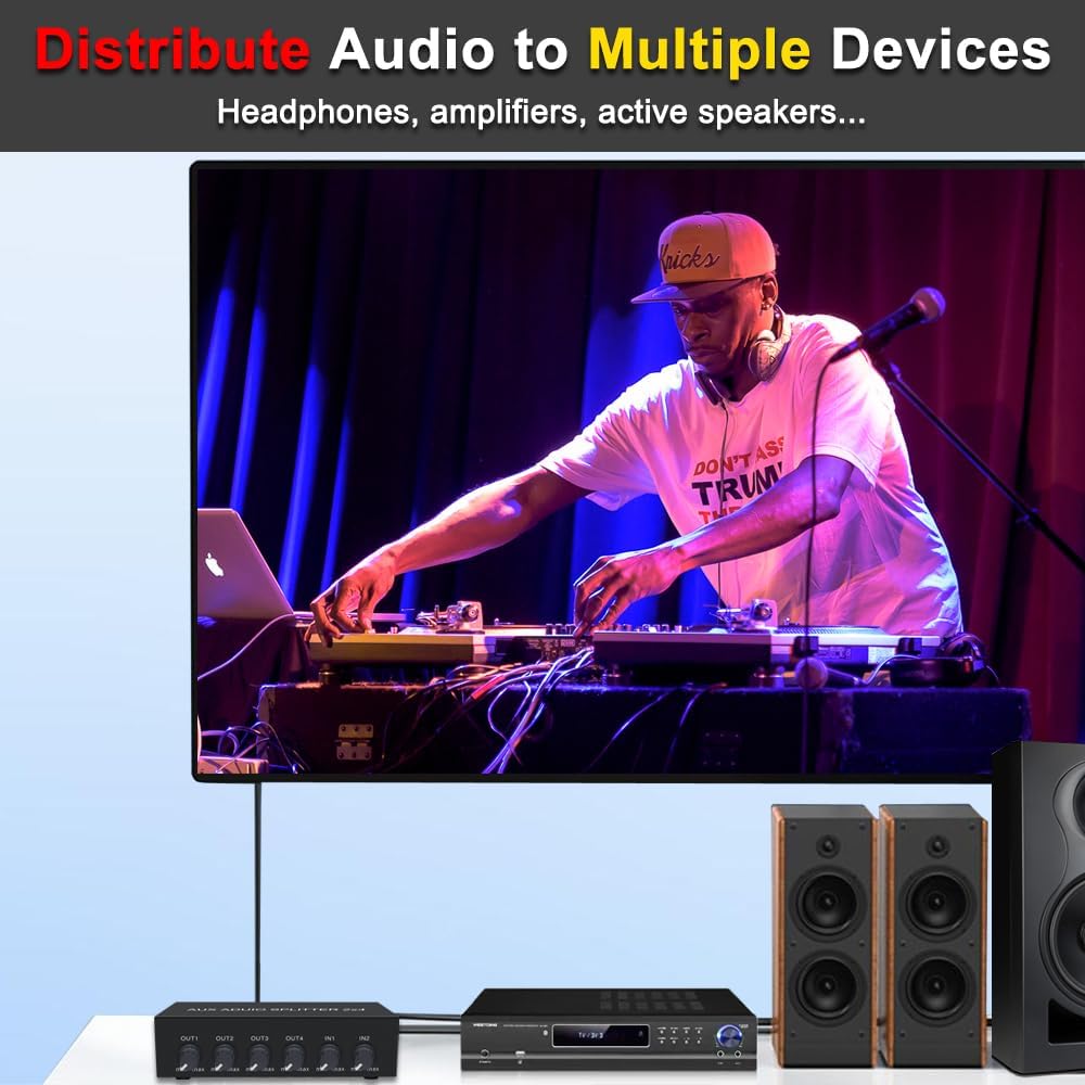 2 in 4 out 3.5mm Aux Audio Splitter Stereo Line Level Distributor Mixer with Independent Volume Control