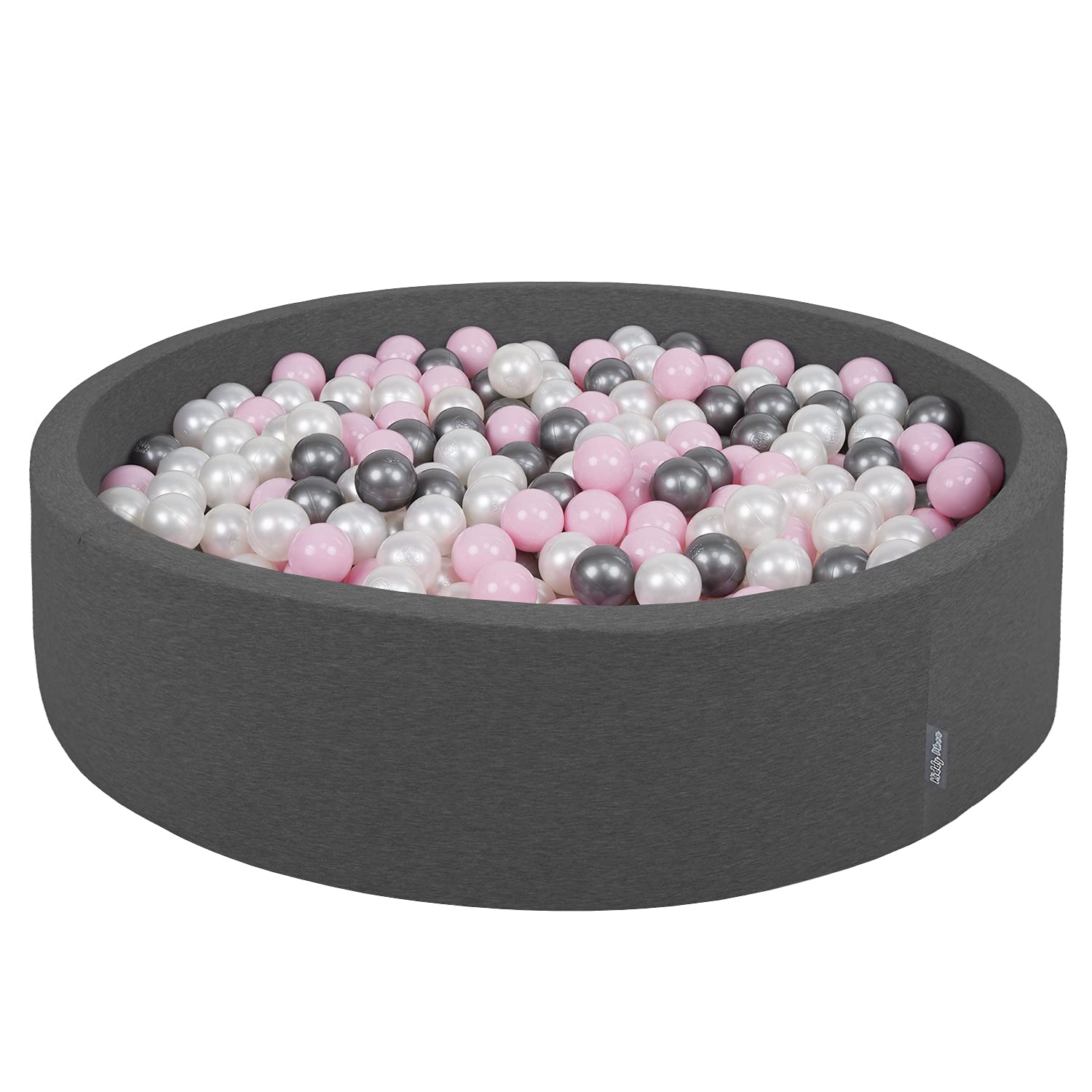 KiddyMoon Soft Ball Pit Round 120X30cm/200 Balls ∅ 7Cm / 2.75In For Kids, Foam Ball Pool Baby Playballs Children, Made In The EU, Dark Grey:Pearl-Powder Pink-Silver