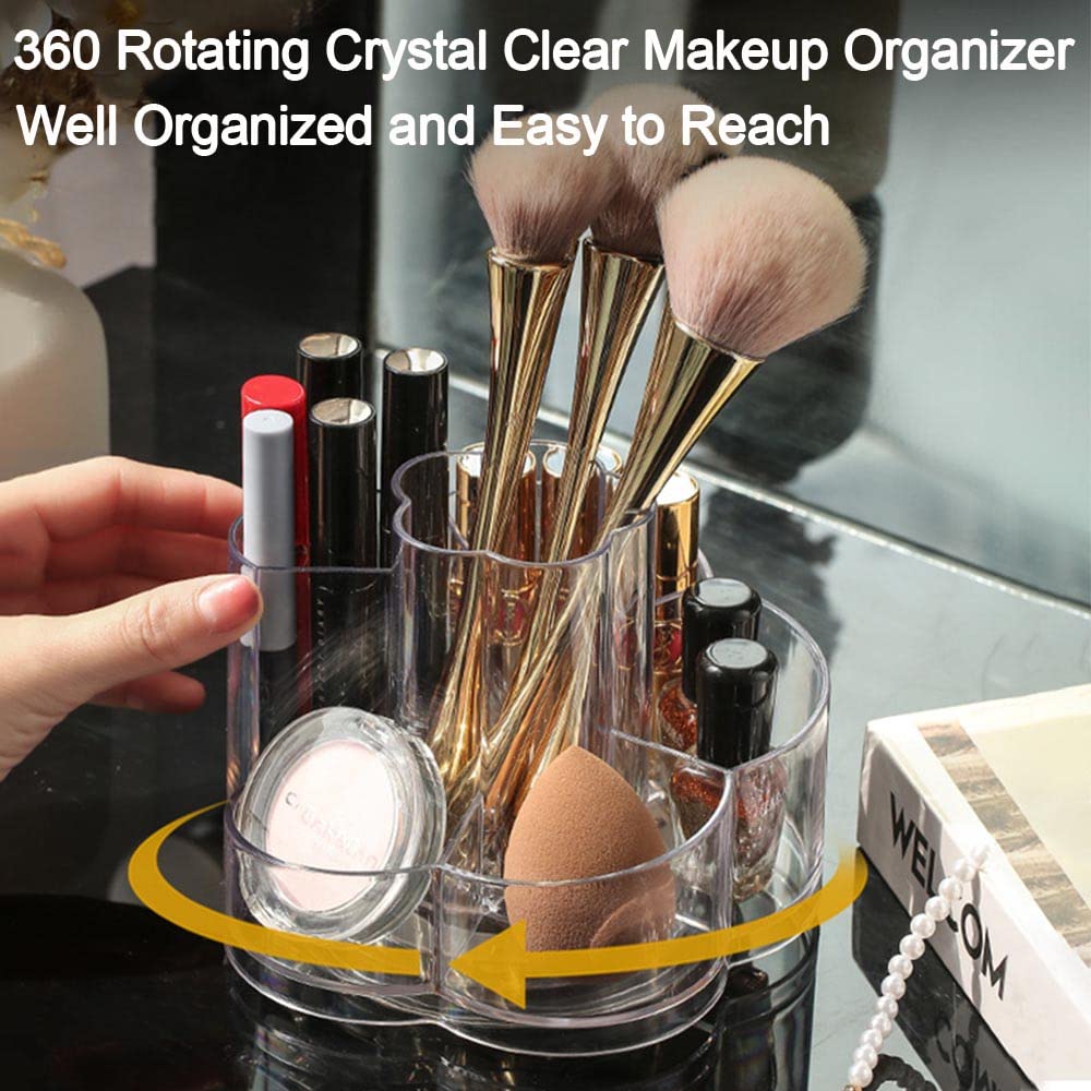 LINFIDITE 360 Rotating Makeup Organizer Clear Cosmetic Storage Holder Tray with 6 Compartment Makeup Brush Lip Gloss Organizer Case Bathroom Cabinet Vanity Desktop Organizer Clear