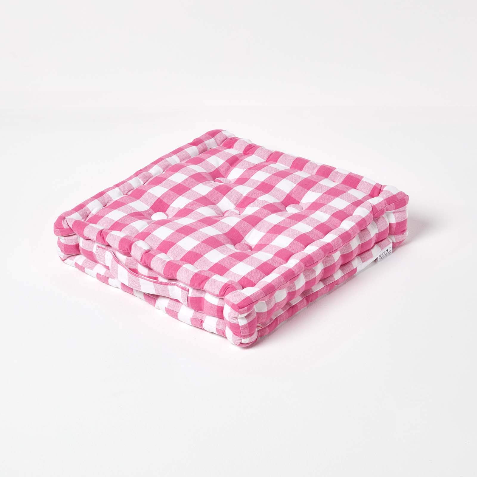 HOMESCAPES Pink and White Gingham Floor Cushion Block Check Pattern 100% Cotton Cushion Pad 40 x 40 x 8cm Square Outdoor Garden Cushion or Indoor Dining Chair Booster Seat