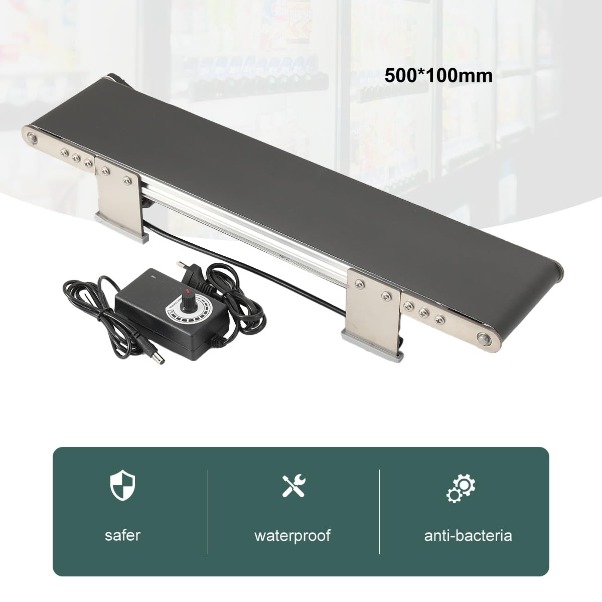 Mini-Förderautomat, Desktop Förderband mit Einstellbarer Stromadapter, 100 * 490mm Förderer Edelstahlhalterung, Automatischer Förderanlage Fördergurt, für Reibung Experiment Lehrmittel