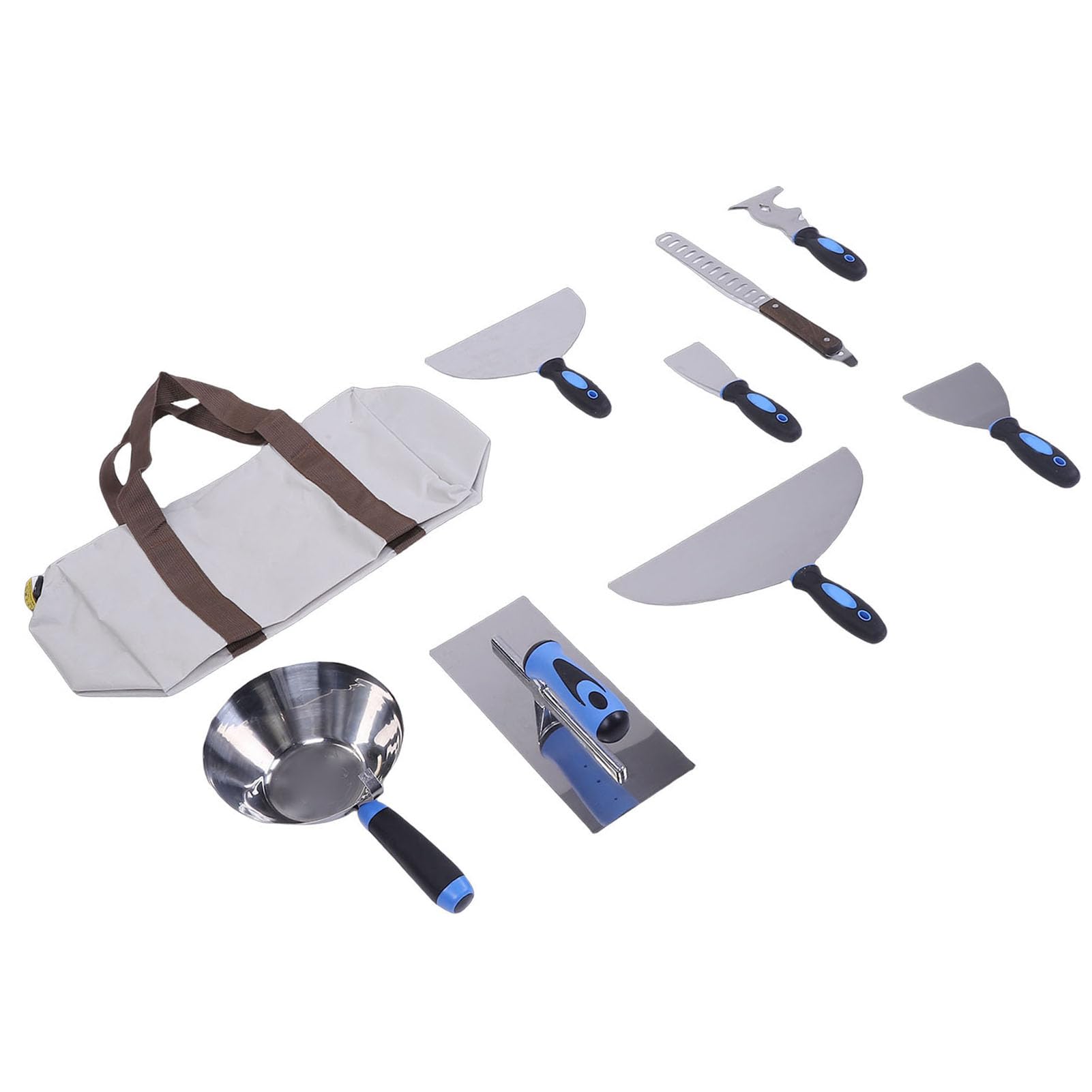 FILFEEL Juego de Herramientas de Acabado profesional: Raspador de Masilla de Acero Inoxidable Inoxidable de 12 Piezas, Paleta y Kit de Bandeja de Barro Redonda con Asas Ergonómicas y Bolsa de
