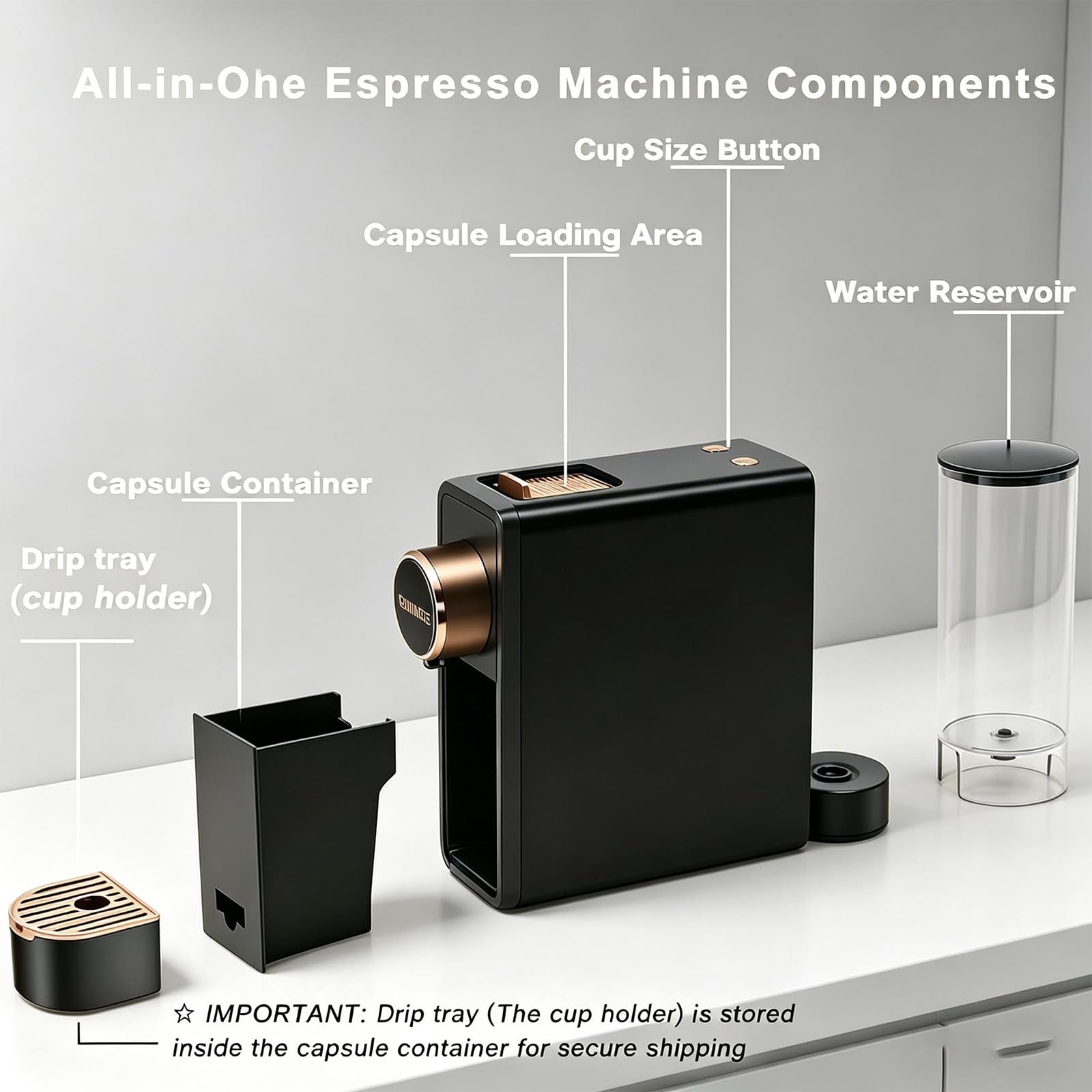 Máquina de café espresso negra para cápsulas compatibles con Nespresso, cafetera de una sola porción programable para cápsulas de expreso, bomba de alta presión italiana de 20 barras, mini