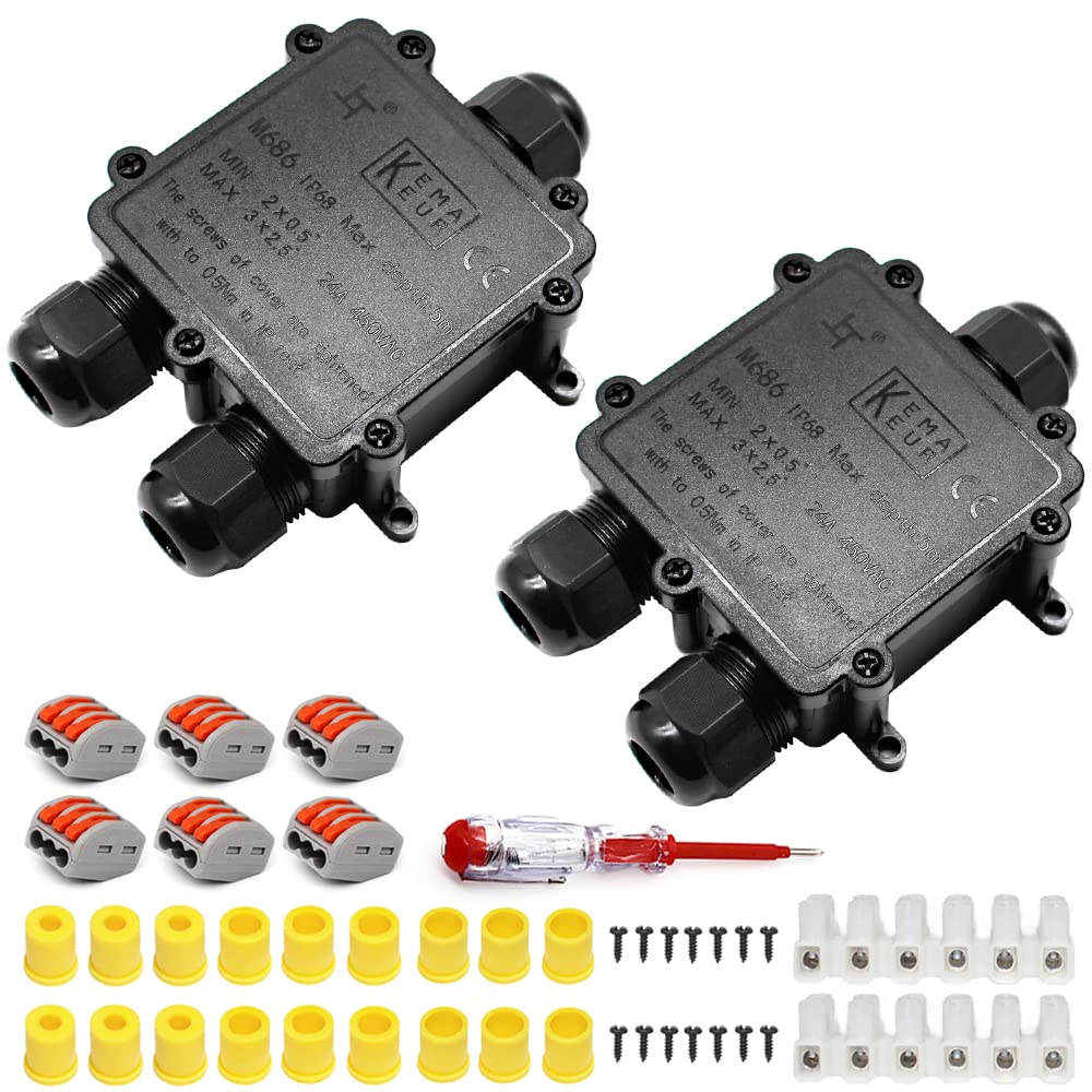 2 PCS IP68 Waterproof Junction Box, HUYU 3-Way Outdoor Cable Connectors with 3 Cable M25 Gland Wire Connector Electrical Junction Box for 4-14 mm Diameter Cable, Black