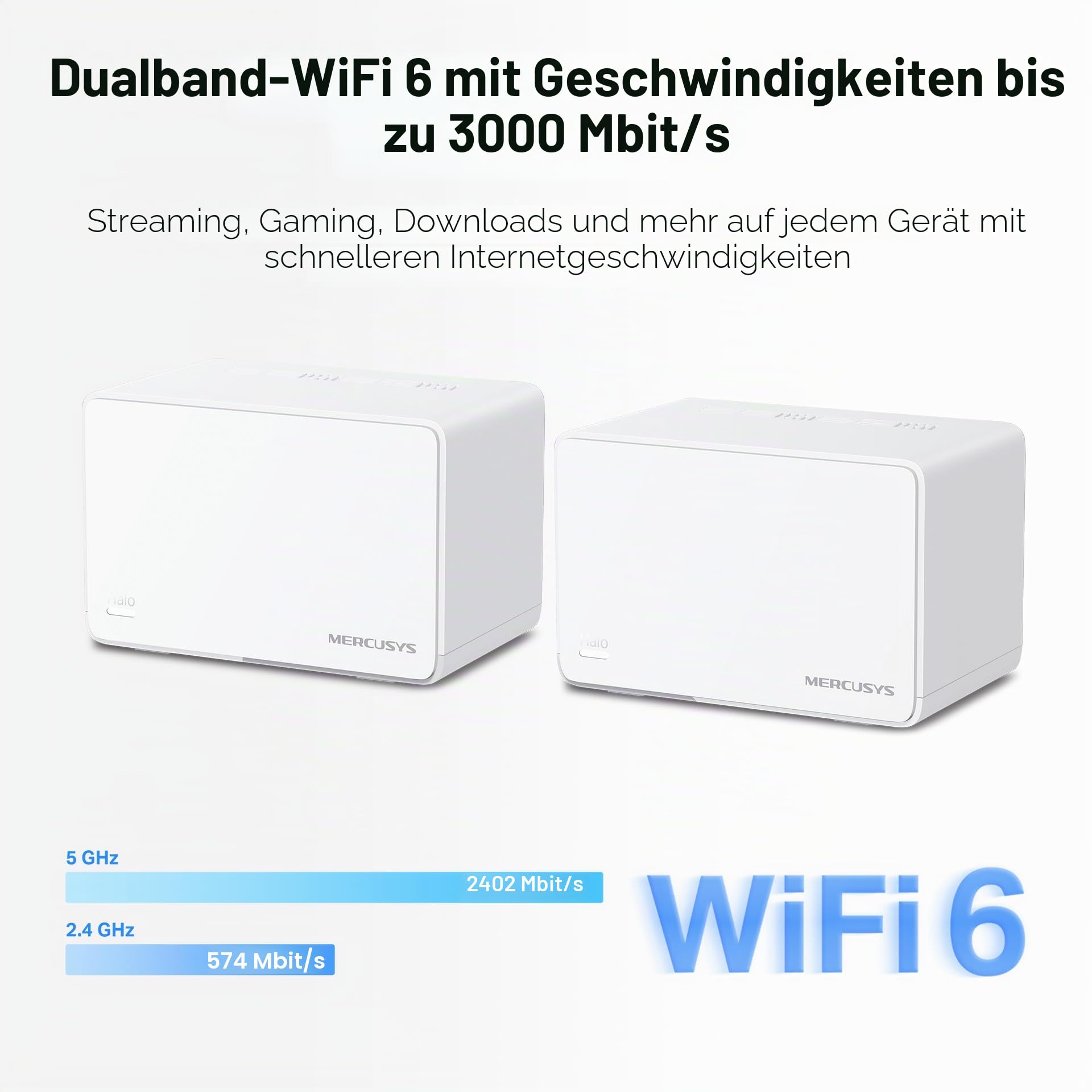 Mercusys Halo H3000X Mesh-WLAN-Set (2er-Pack), Wi-Fi 6 AX3000 Dualband-Router & Repeater, 3 × Gigabit-Anschlüsse pro Einheit, MU-MIMO, WPA3, Kindersicherung, empfohlen für Häuser mit 2–4 Schlafzimmern