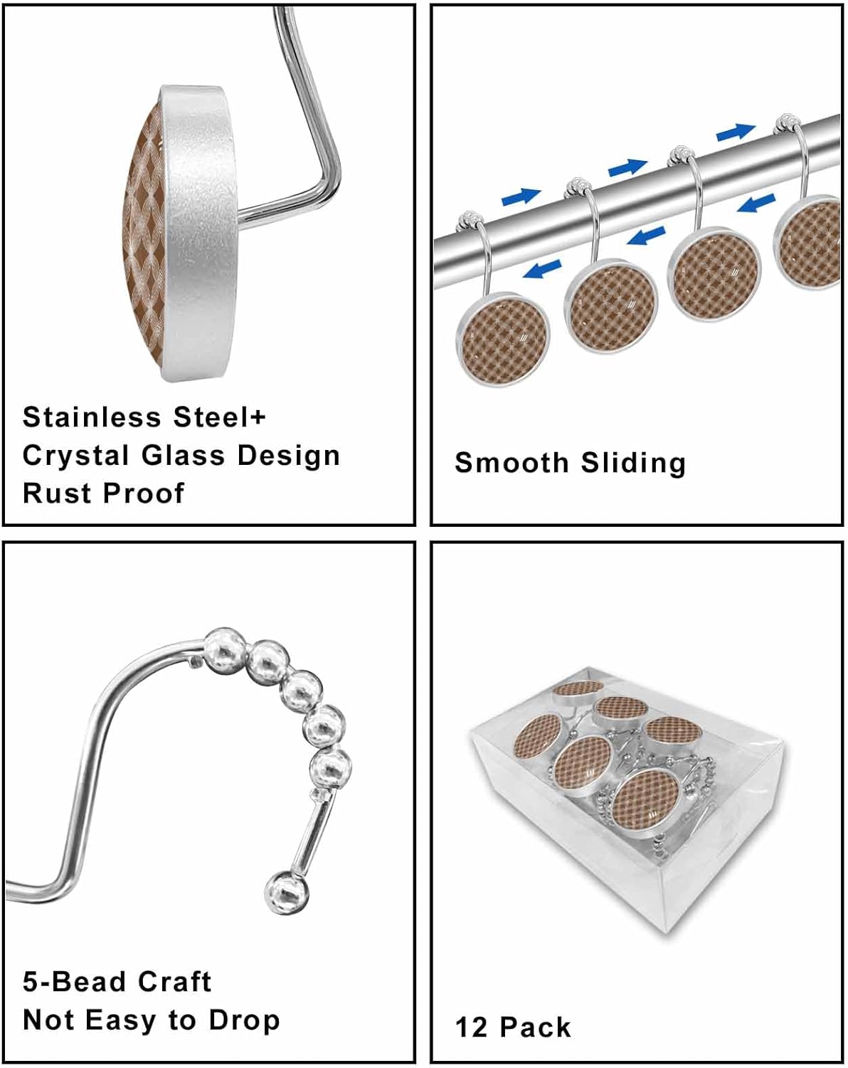 Shower Curtain Hooks 12 Pcs, Brown Retro Abstract Art Modern Geometric Stainless Steel Rust Proof Rolling Shower Curtain Rings, Decorative Shower Curtain Hooks Hangers for Bathroom