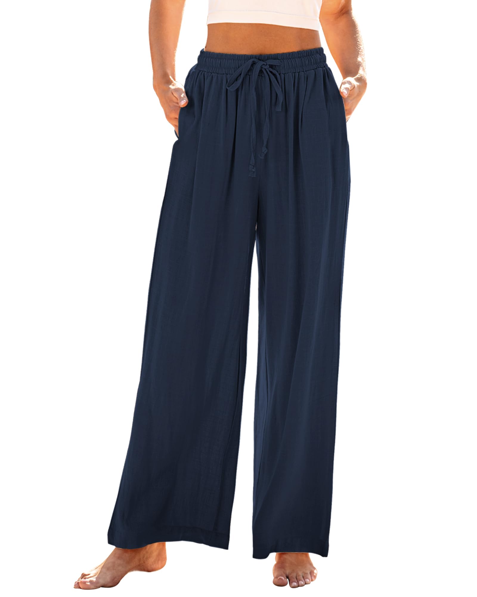 GRAPENT Wide Leg Pants Woman Linen High Waisted Pull On Flowy Casual Baggy Drawstring Palazzo Trousers Pants Resort Wear