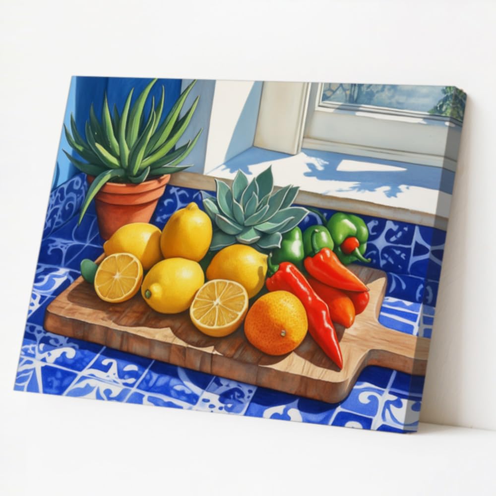 LMYSXAOZ Lemons Canvas Print Fresh Citrus Fruit & Blue Pottery Still Life Painting Farmhouse Kitchen Wall Decor Framed (blue,40x50cm)