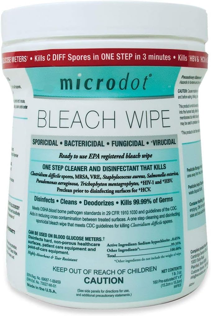 microdot Microdot Disinfecting Bleach Wipe, 160 6x6 Pre Saturated Wipes Per Canister