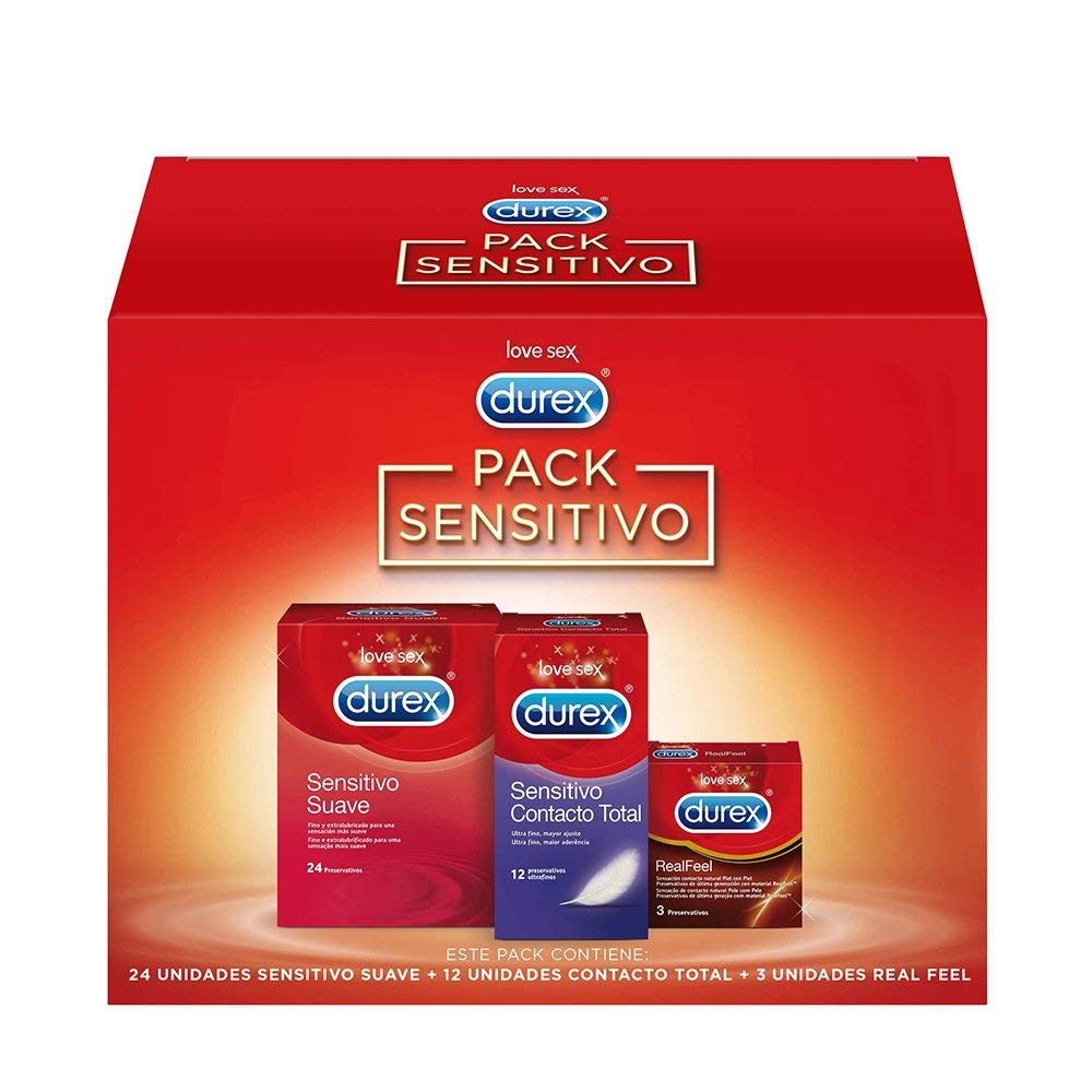 Durex Pack Preservativos Sensitivo Suave Contacto Total + Real Feel + Gel de Masaje Estimulate + Lubricante Sabor Fresa - 39 condones