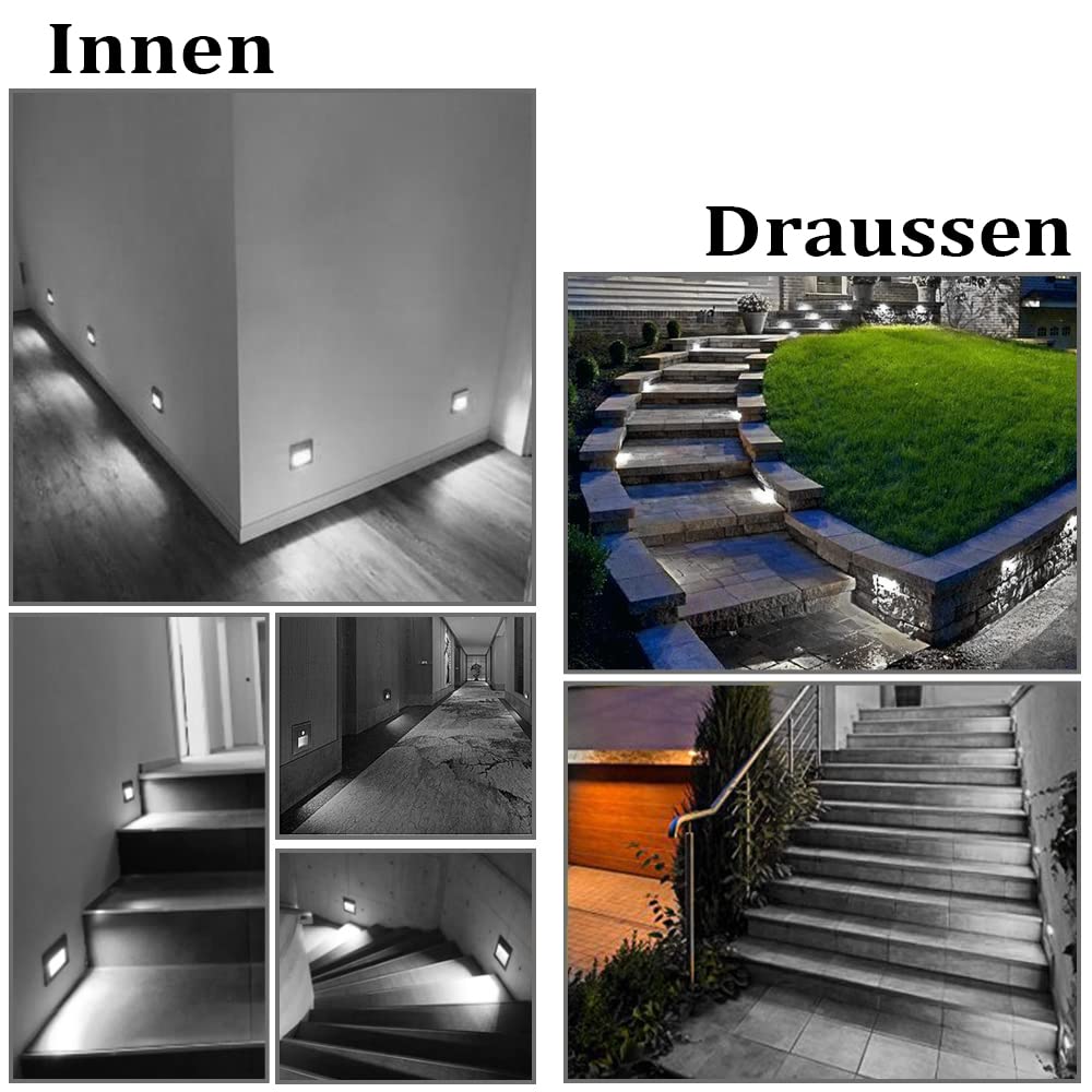 LED Stair Light Aluminium 230 V 3 W Glass Wall Lights Stair Light With Flush-Mounted Box Stair Light Wall Light IP65 Waterproof Warm White Pack Of 8