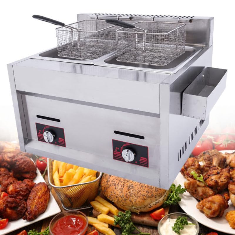 Freidora comercial de doble tanque, diseño resistente de acero inoxidable, ideal para restaurantes y necesidades de cocina de alto volumen