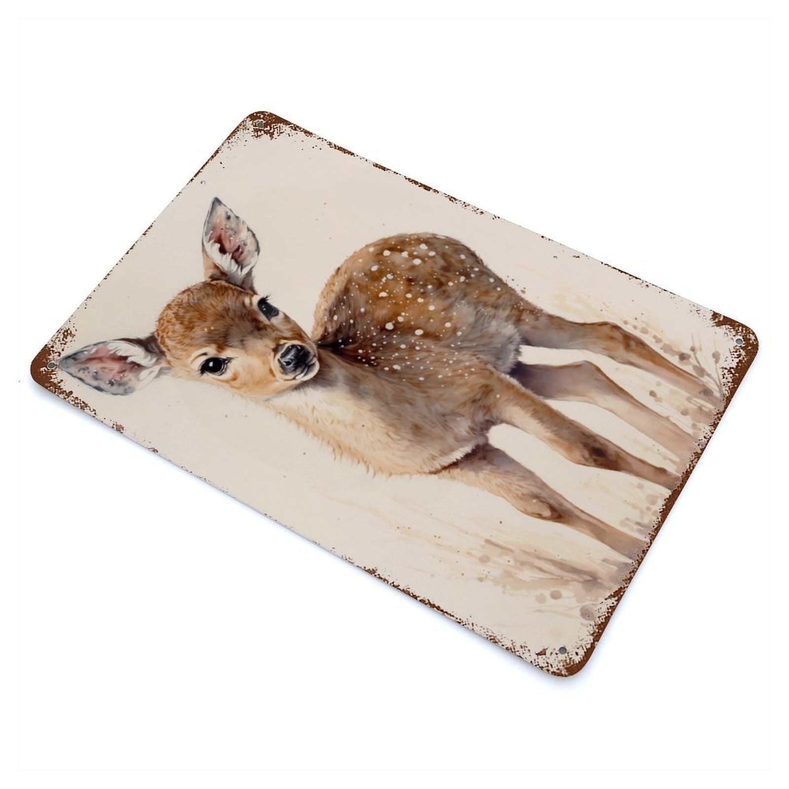 Distressed Metal Wall Sign with Cute Deer Fawn Painting Design 11.8"x7.9", for Shed, Workshop And Garage Wall Decor, Decorative Metal Wall Art