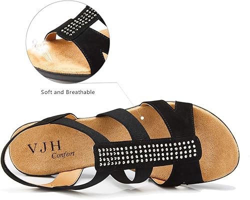 Miniatura 4 de VJH confort - Sandalias planas para mujer con diamantes de imitación, puntera abierta, elásticas, sin cordones, cómodas, informales, para caminar
