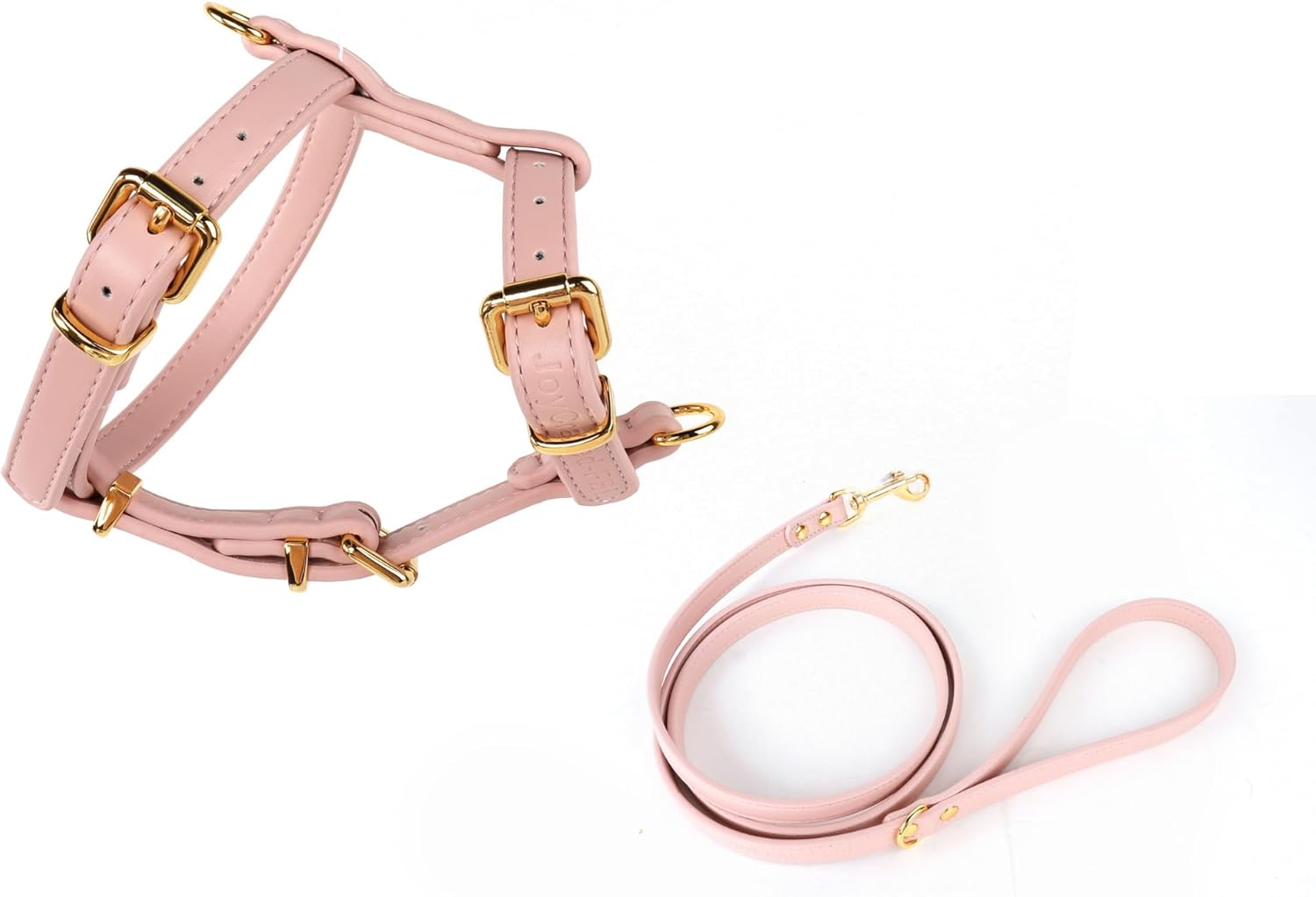 Luxury Dog Harness and Leash Set – Premium PU (Vegan) Leather with Polyester Reinforcement, Gold Metal Hardware – Adjustable, No-Pull, Stylish & Comfortable Design (Pink, Small (S))
