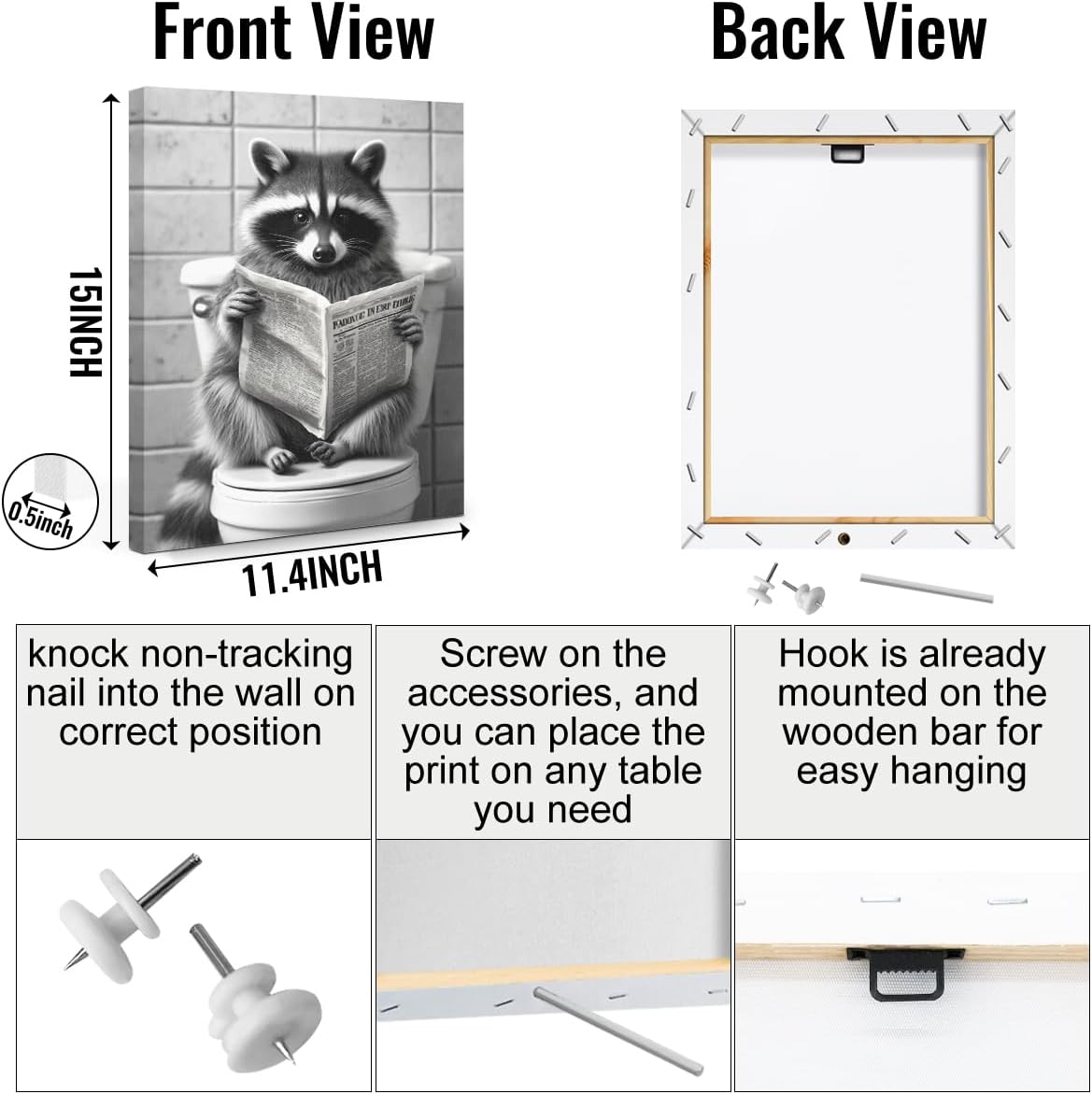 3 Pcs Funny Raccoon Bathroom Canvas Wall Art, Black and White Funky Raccoon Wall Decor Framed Prints for Home Bathroom Cafe Apartment Decor, Housewarming Gifts 11.5x15 Inch