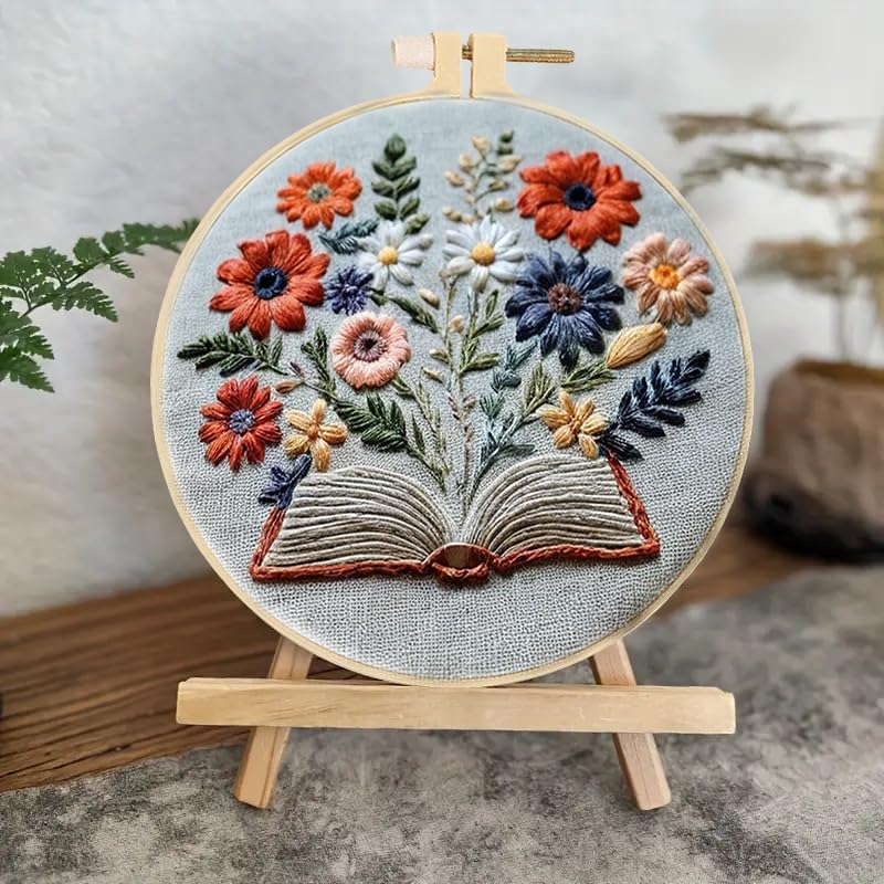 Image of Huacan 1pc Floral Book Embroidery Cross Stitch Kit - Vibrant Floral Design with Open Book & Butterflies, Includes Pattern & English Instructions, Perfect for Wall Decor in Living Room