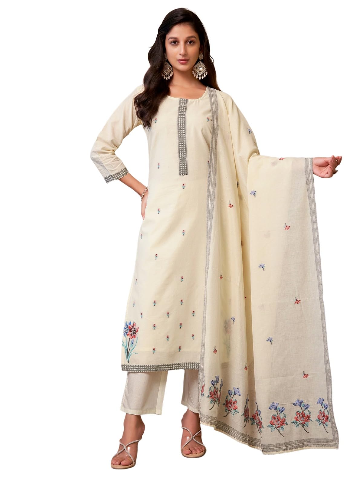 Sanisa Women's Cotton Jacquard Straight Kurta With Pant And Dupatta Set (212Kbd2246N-S_Cream & Multi)