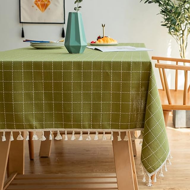 Square Table Cloth 90x90cm Green Small Checked Tablecloth With Tassel Dust-Proof Stain-Resistant Soft Polyester Linen Table Cover for Kitchen,Dining,Garden,Cafe,Party Indoor or Outdoor Tabletop Decor