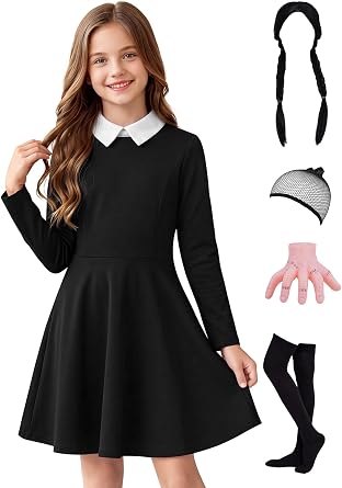 BesserBay 5PCS Girls Halloween Costume Long Sleeve Peter Pan Collar Dress