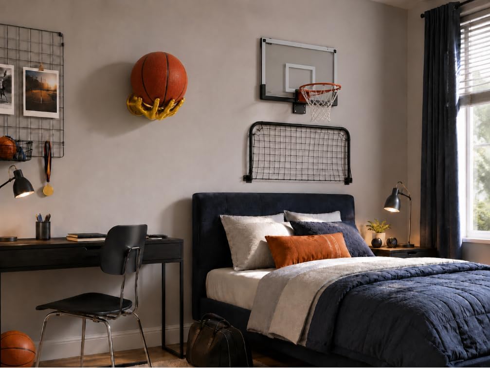 Basketball Holder Wall Mount Set of 2, Ball Storage Rack Wall Mounted, Garage Ball Organizer, Game Room Decor, Bedroom Sports Wall Decor for Men (Gold)
