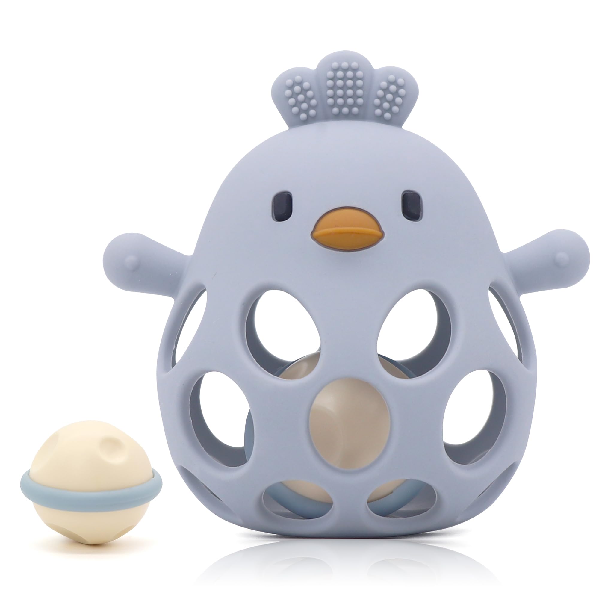 farout Montessori Beißring & Rassel für Babys - Sensorik Spielzeug ab 0 Monate, Zahnungshilfe & Greifball - Geschenk für Jungen & Mädchen (Grey Blue)