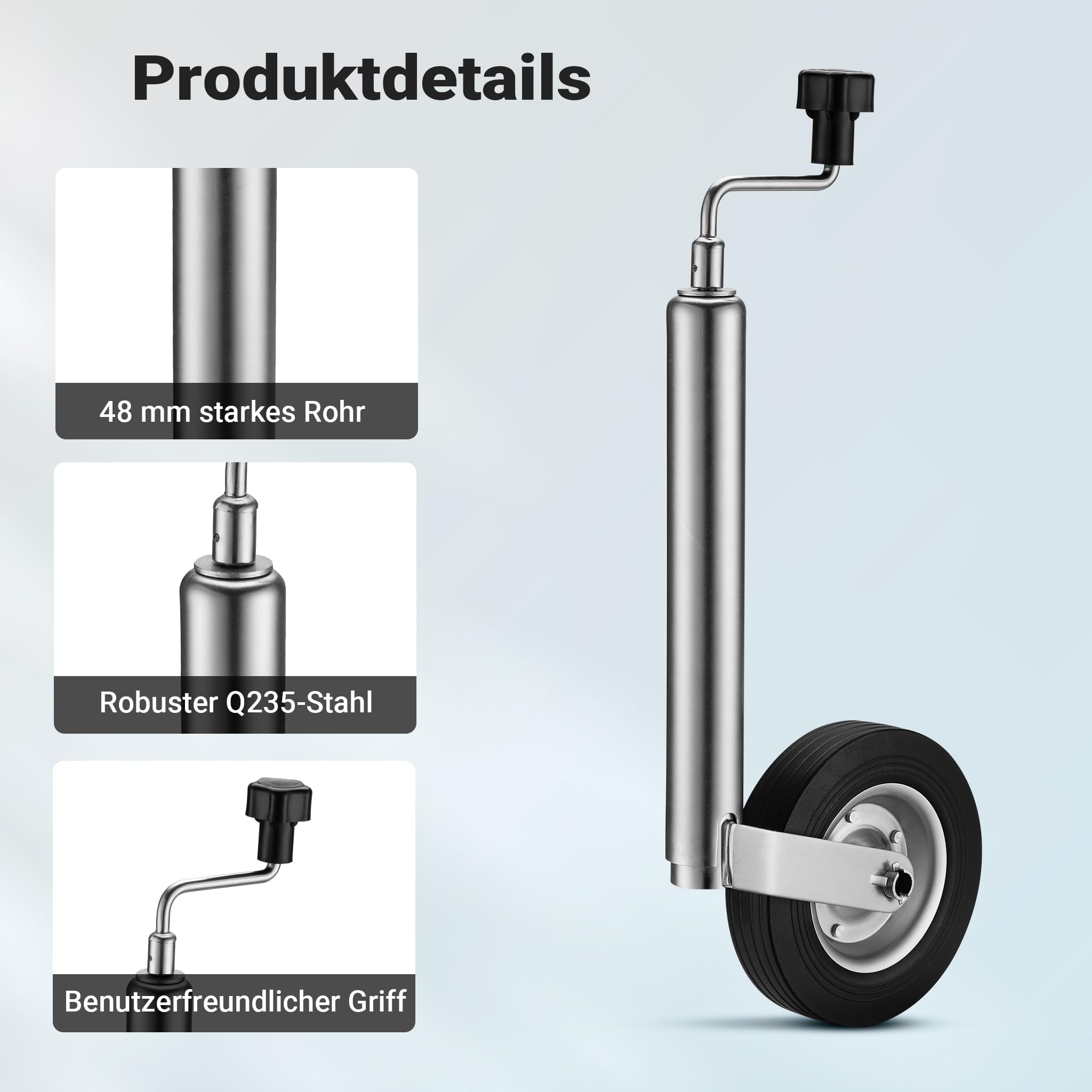 Wiltec Anhänger Stützrad mit 362 kg Stützlast ø48 mm, Bugrad mit Kurbel, Anhängerrad, Abstellstütze