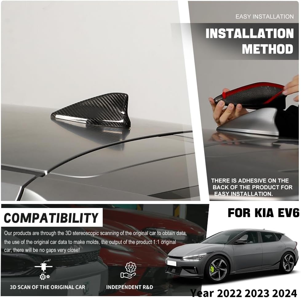 JSWAN Real Carbon Fiber Car Roof Shark Fin Antenna Base Cover Trim for KIA EV6 GT GTLINE Opt (2021-2025) Roof Aerial Radio Signal Base Car Exterior Decor Accessories (Gloss Black)