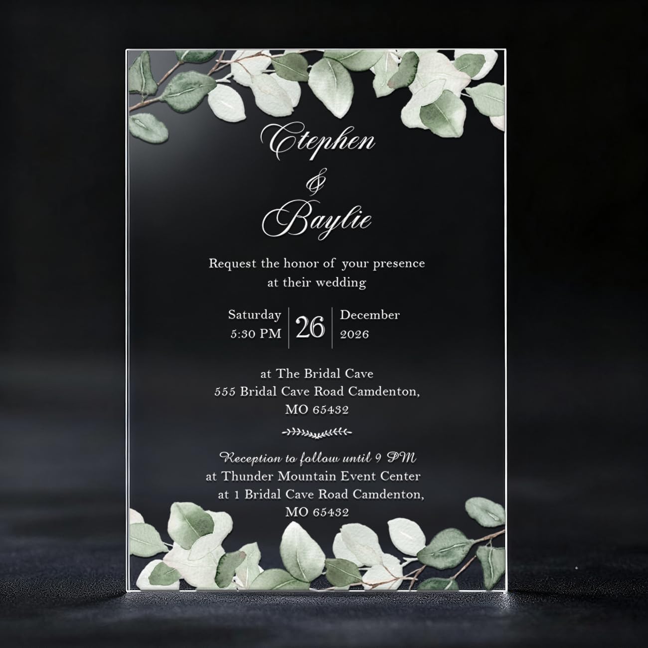 Hosmsua 20Pcs Personalized Green Wedding Acrylic Invitation, 5x7 Green Eucalyptus Leaves Acrylic Glass Invitation Cards with Envelopes for Birthday Wedding Anniversary