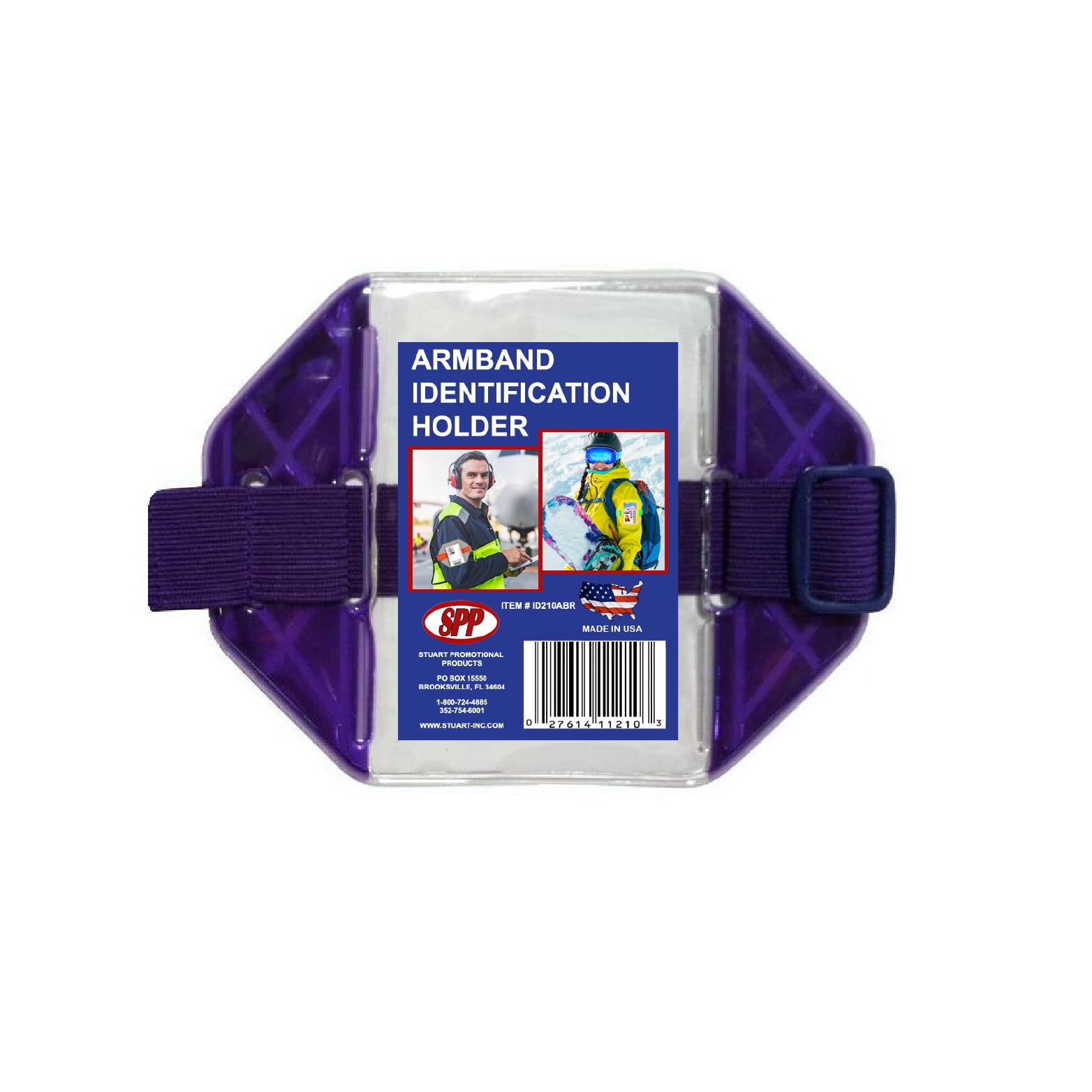 Reflective Purple Armband Badge Holder, Purple Stretch Band, Blue Buckle, Fits 2 3/4" x 4 1/8" Cards, Top Slit, Made in USA
