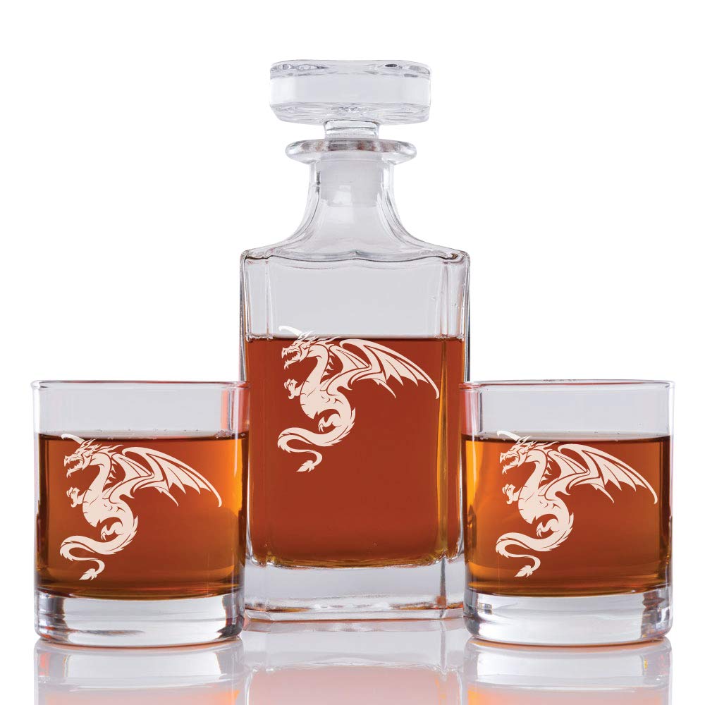 Gifts Company Abby Smith Dragon Engraved Decanter and Rock Glasses Set of 3 750 ml Drinkware Set