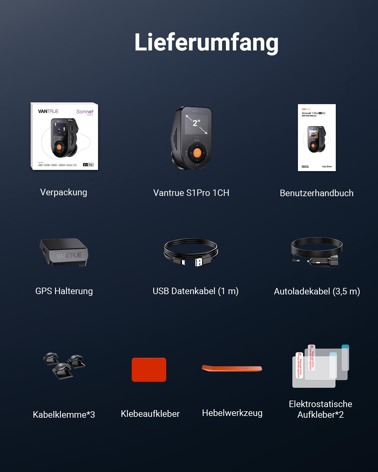 VANTRUE S1 Pro 2.7K 60FPS Dashcam Vorne STARVIS 2 Nachtsicht Versteckte | 5GHz WiFi Dash Cam Auto ADAS, Sprachsteuerung , GPS, 15 Sekunde Voraufnahme,24/7 Puffer Parkmodus, DSGVO-konform, Max 1TB