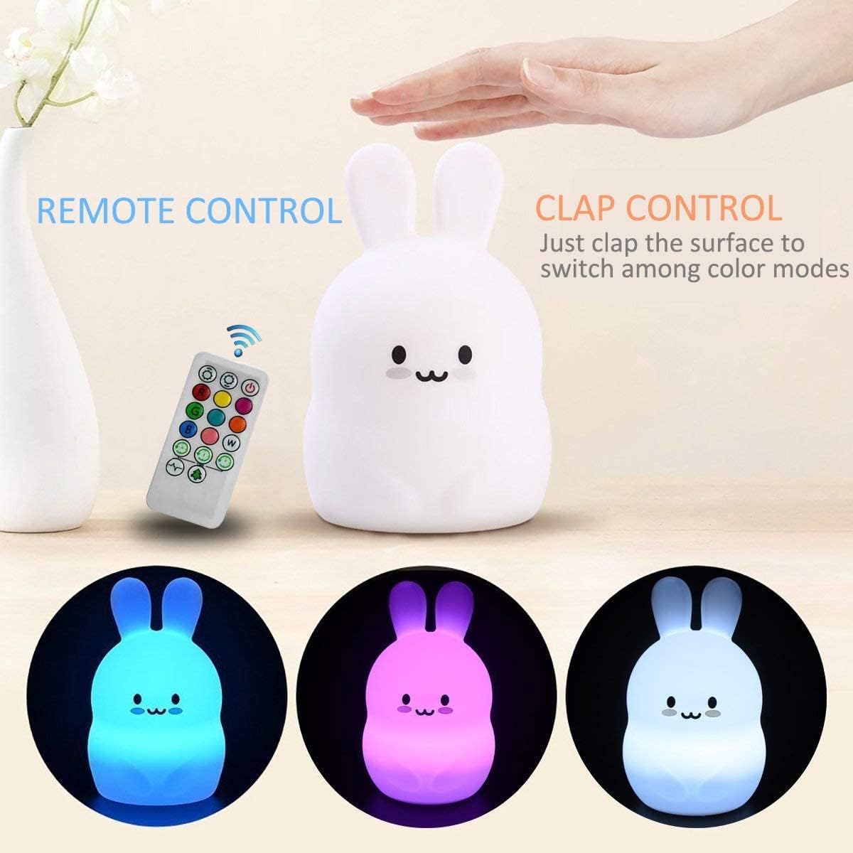 Veilleuse Enfant, lampe de chevet en silicone doux portable multicolore avec contrôle du robinet, éclairage led rechargeable USB cadeau de chambre à coucher/enfant - Lapin