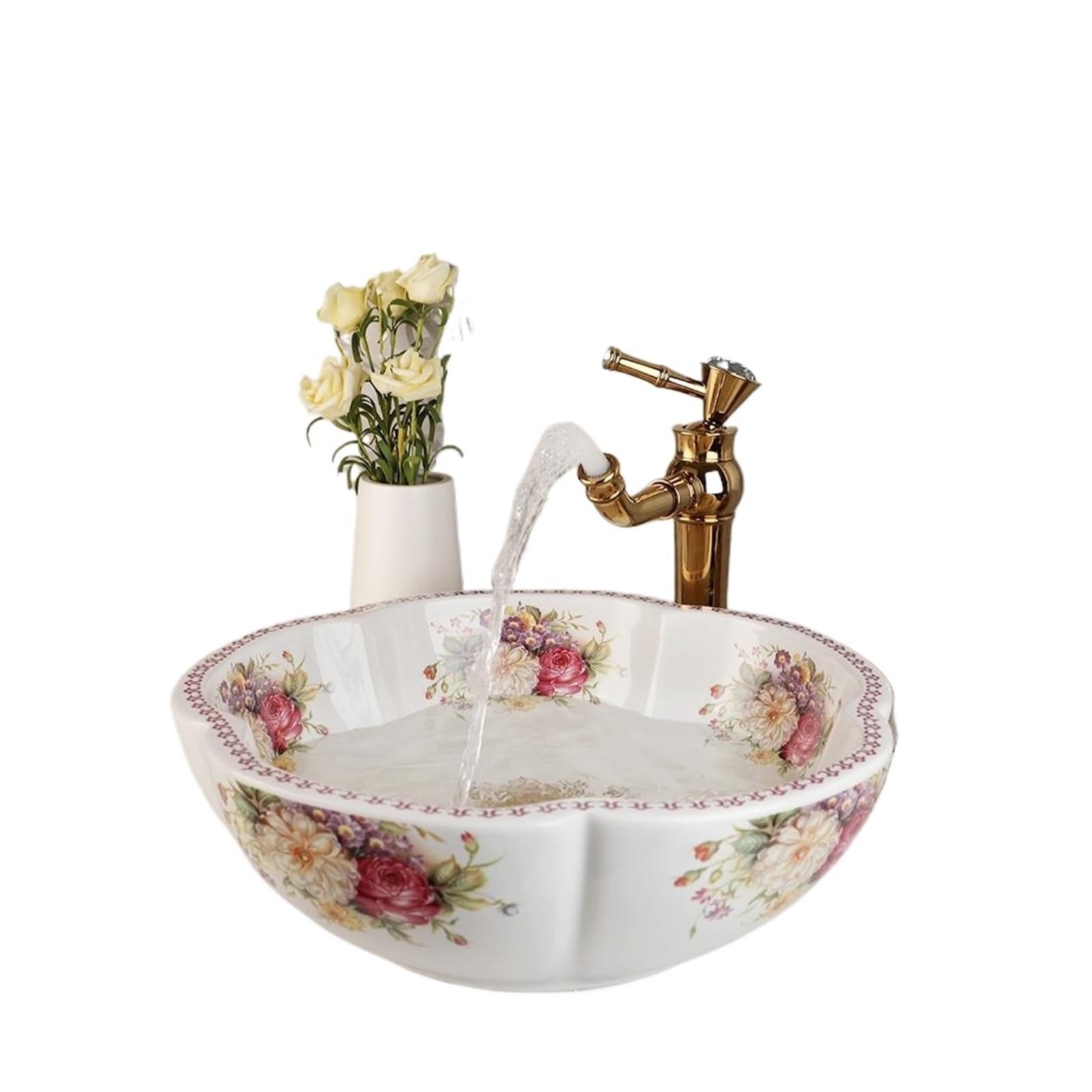 Duexioly White Bathroom Vessel Sink Ceramic Bathroom Vessel Sink Faucet Set Flower Peony Design Porcelain Above Counter For Bar Cloakroom Vanity Bowl For Washing