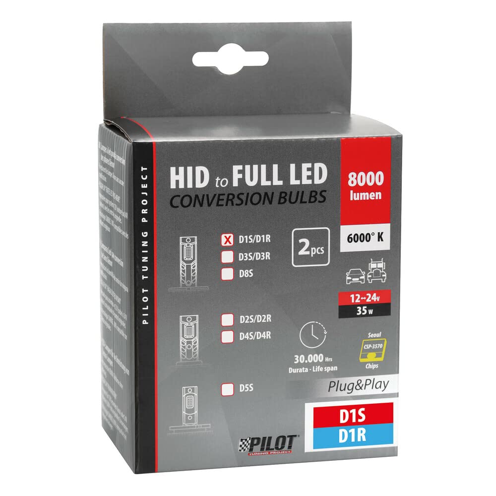 PILOT 58550 12-24V Lampade a LED per conversione fari Xenon per Auto e Camion - (D1S-D1R) - 35W - 2 pz - Scatola