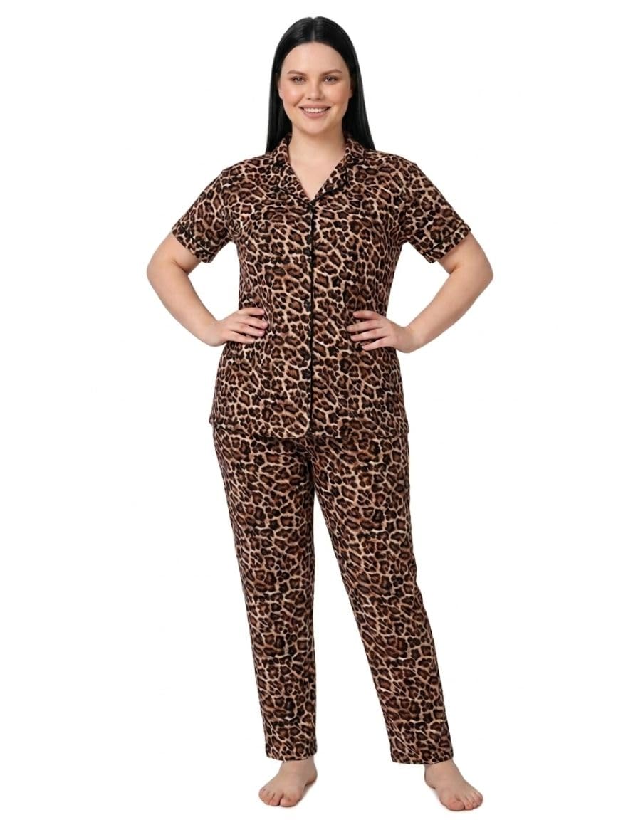 prayaari fashions Women’s Leopard Print Night Suit Set | Soft Cotton Blend Short Sleeve Shirt & Pyjama Co-Ord Sleepwear Set for Women & Girls-picture-27