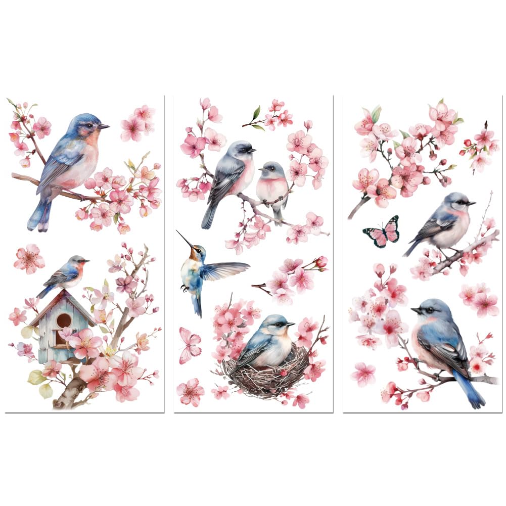 Peacoblue Rub on Transfer Decals for Furniture Crafts Decor 6"x12" Cherry Blossom and Bird