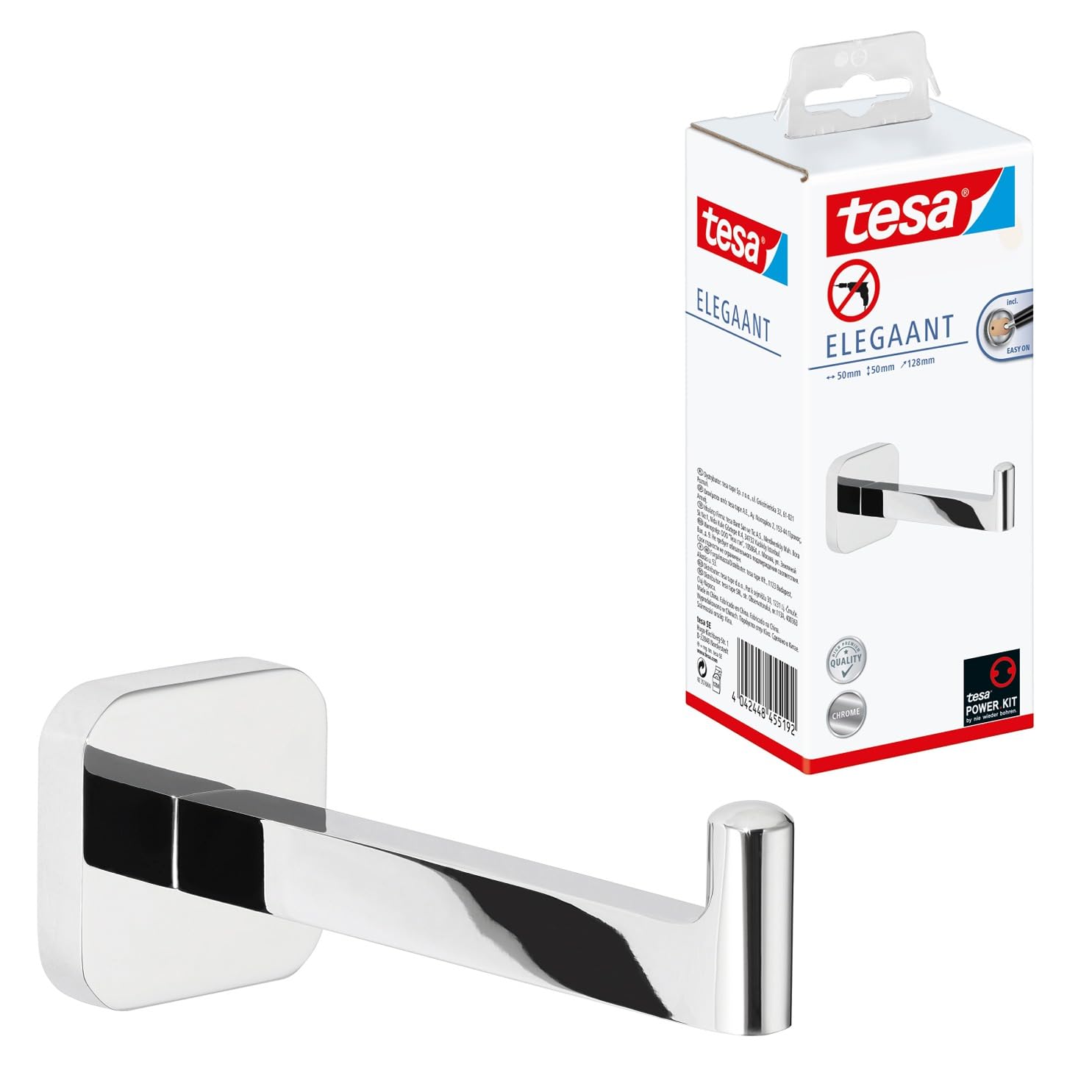 tesa ELEGAANT Spare Toilet Roll Holder - Self-Adhesive, Stainless-Steel Spare Toilet Paper Holder - Waterproof, incl. Power.Kit Adhesive Solution - 50 mm x 50 mm x 128 mm