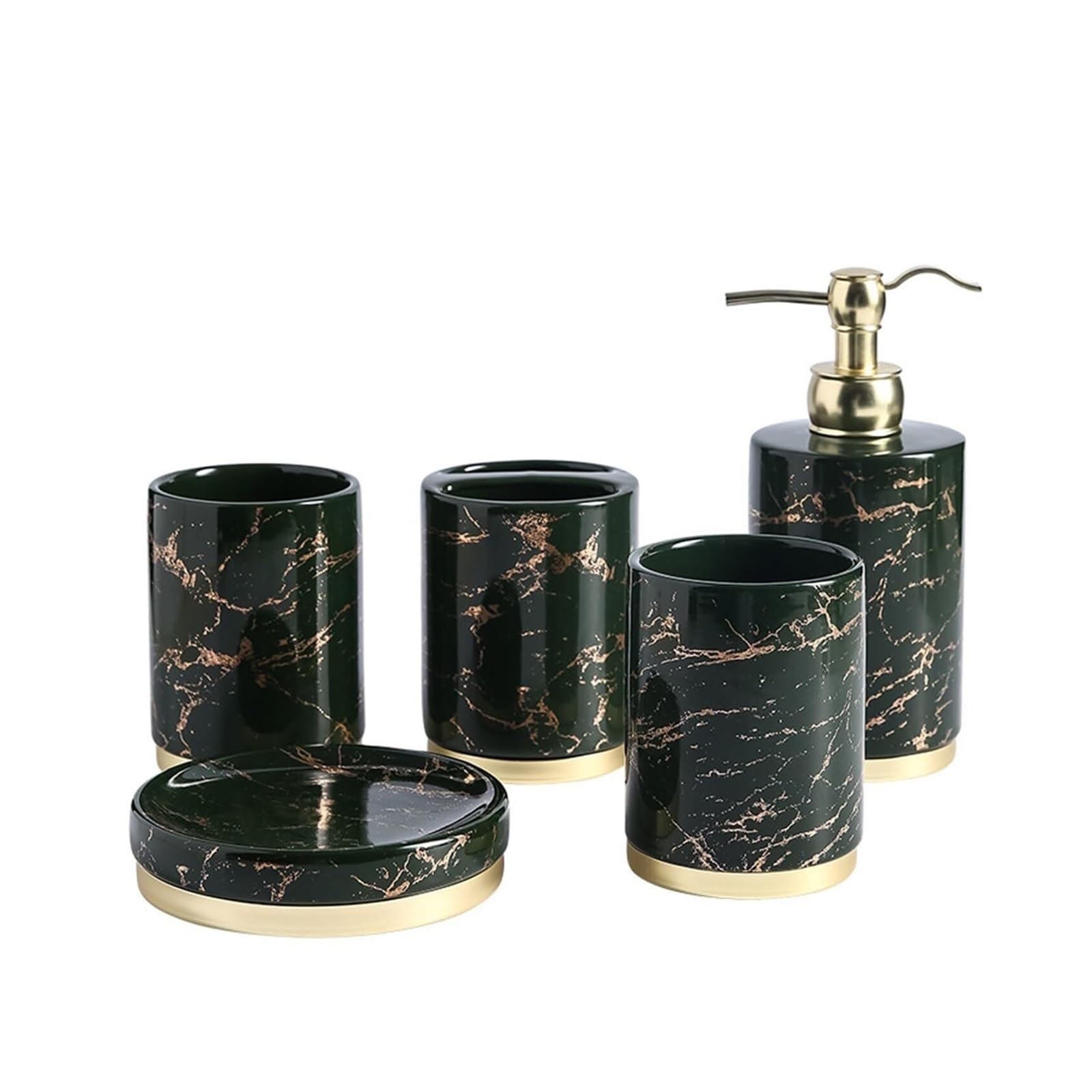 Set di accessori per il bagno Set di 5 dispenser sapone in ceramica, 3 bicchieri for spazzolini, portaoggetti, stile Coastal Deco Arredamento per gli affittuari(Green)