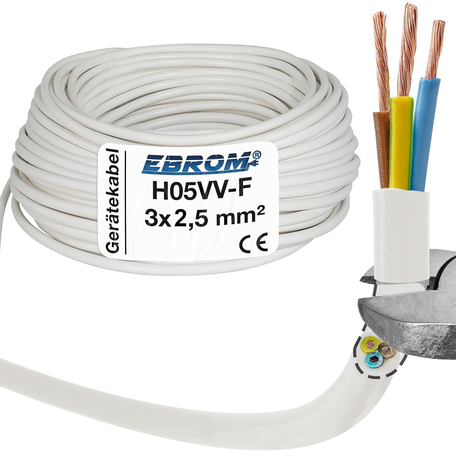 EBROM Cavo flessibile – Cavo per dispositivi – H05VV-F 3G2,5 mm² – 3 x 2,5 mm2 – Colore: bianco – disponibile in diverse lunghezze fino a 50 metri, a scelta in incrementi di 5 metri – Lunghezza a