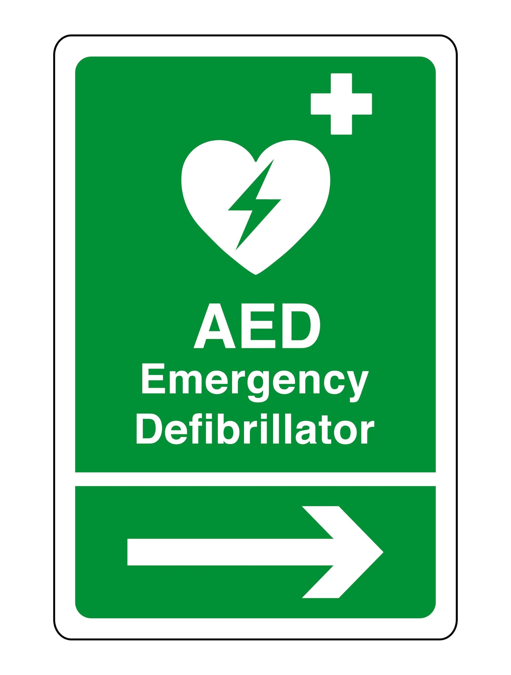 AED Emergency Defibrillator arrow right safety sign - 3mm Aluminium Dibond for indoor/outdoor usage (200mm x 150mm) 5m Viewing Distance.