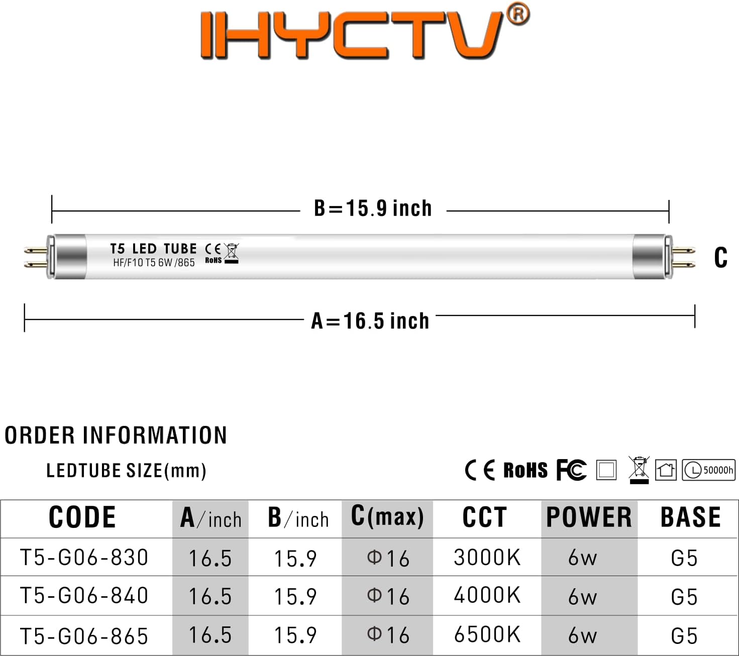 IHYCTV 16.5-inch (418mm) F10T5 6W LED Tube Light, 790 Lumens 6500K Daylight, Ballast Compatible (Requires Electronic Ballast), G5 Bi-Pin Base, Direct Retrofit for 10W F10T5 Fluorescent Lamps (1-Pack)