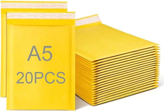 Small Padded Envelopes A5, 20 Pcs Bubble Wrap Envelopes, Jiffy Bags, Kraft Poly Bubble Mailers Bags for Packaging Mailing Shipping Self Seal Yellow