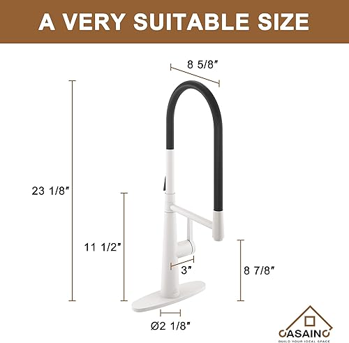 Miniatura 6 de CASAINC Grifo de cocina blanco mate, 23 pulgadas de alto con 2 modos de apertura, cobre sin plomo de 1.8 gpm, grifo de cocina comercial para