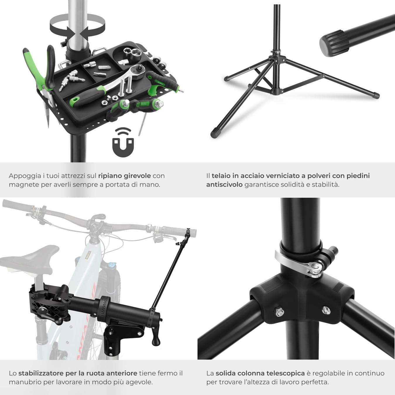 tectake® Cavalletto Manutenzione Bici, Cavalletto per Bici Pieghevole, Supporto Bicicletta, Girevole 360°, Altezza Regolabile, Stabilizzatore Ruota Anteriore, Carico Max 50 kg - Nero
