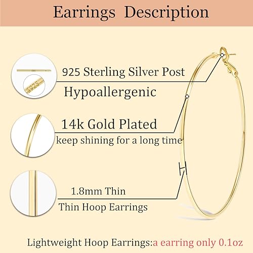 Miniatura 5 de Cocadant Big Gold Hoop Earrings for Women Girls,Dainty 14k Gold Hypoallergenic Rose Gold Silver Hoop Earrings with 925 Sterling Silver
