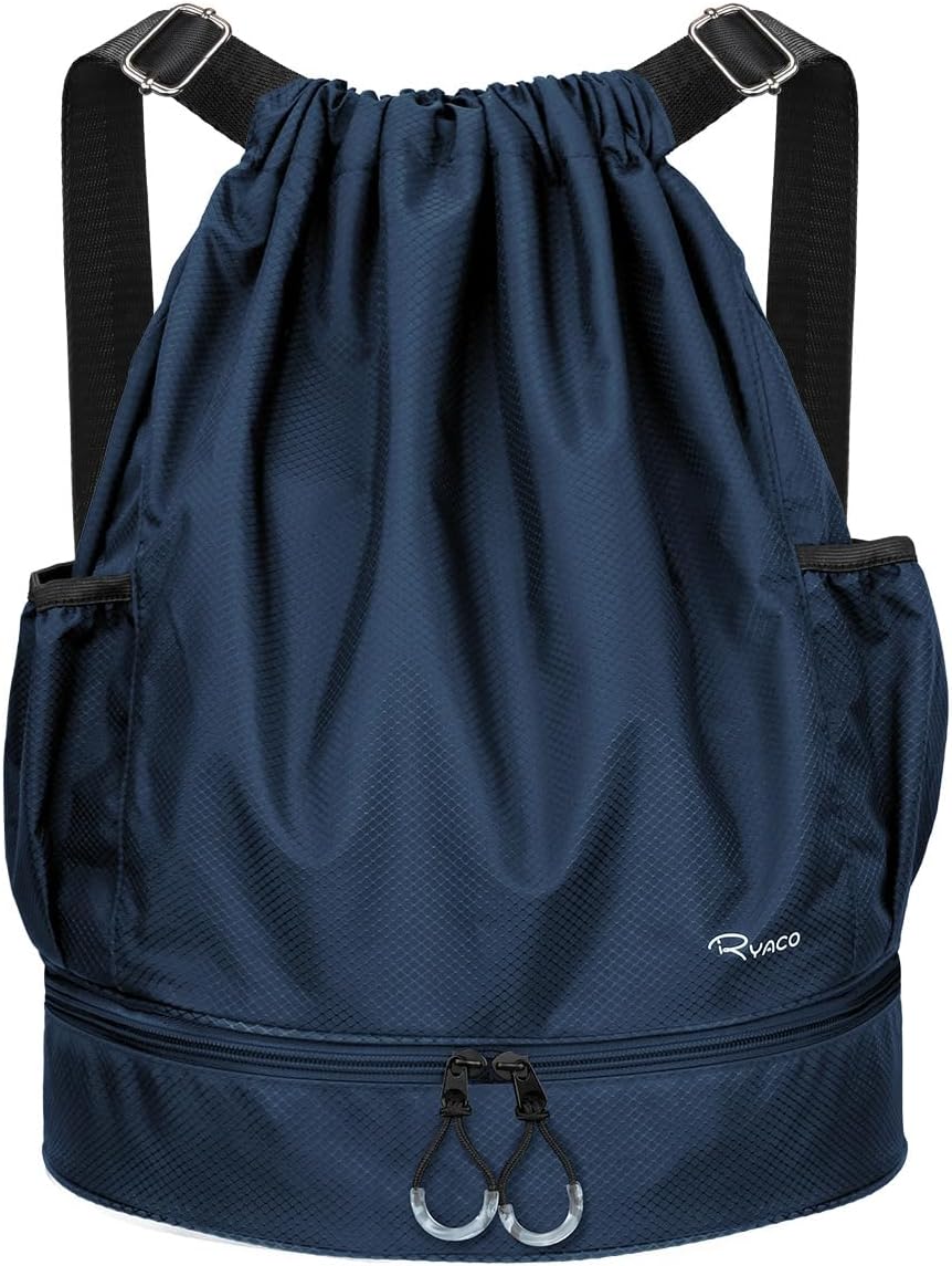 RYACO Drawstring Backpack Sports Gym Bag, Water Resistant String Sackpack Large Size with Zipper and Water Bottle Mesh Pockets for Gym Shopping Sport Yoga School Swimming Beach