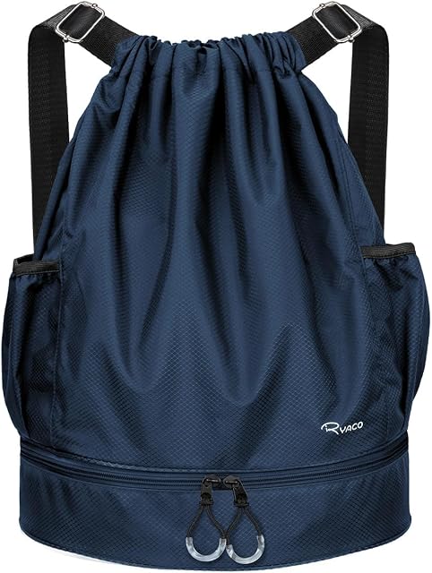 RYACO Drawstring Backpack Sports Gym Bag, Water Resistant String Sackpack Large Size with Zipper and Water Bottle Mesh Pockets for Gym Shopping Sport Yoga School Swimming Beach